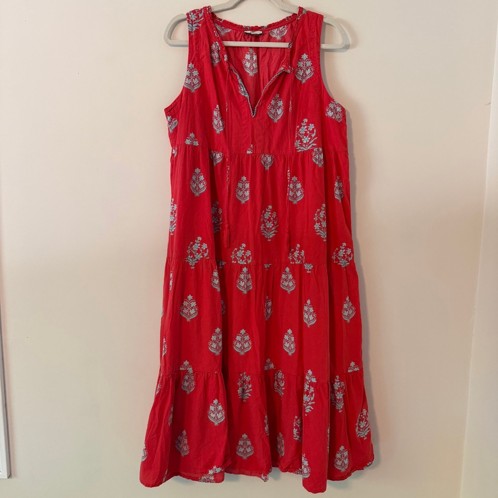 Tuckernuck Block Print Tiered Midi Dress Red Floral Sleeveless Women Size L